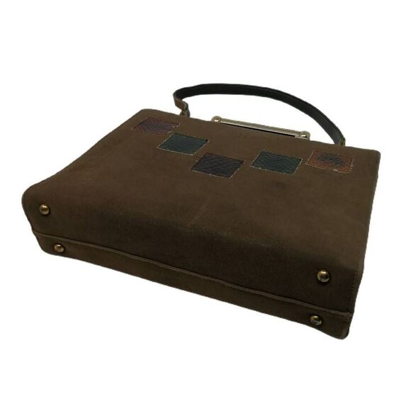 Vintage Suede Style Bag with Gold Bar Clasp and Snakeskin Patches - Picture 3 of 4